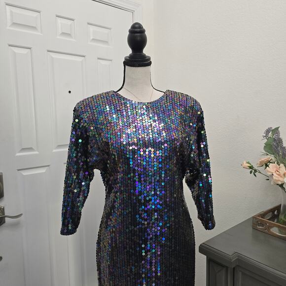 Oleg Cassini Vintage Sequin Dress Sz 8 Iridescent Open Back Cocktail Party Glam - Picture 3 of 10